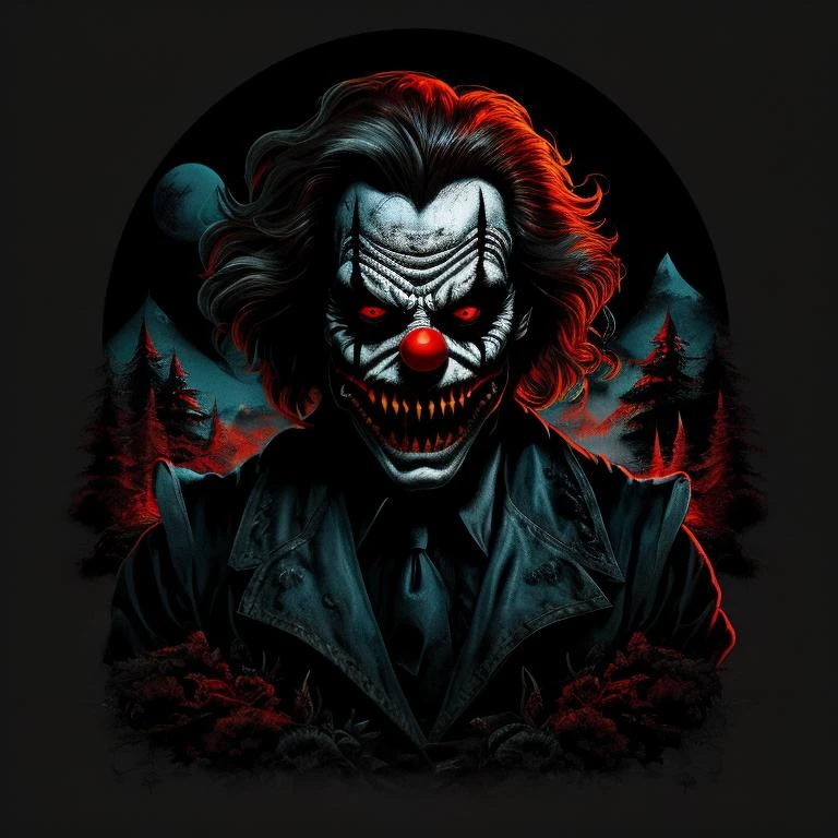 A clown, horror, terror, dark scene, dark
,T shirt design,TshirtDesignAF,<lora:TshirtDesign21Config4WithTEV2:1>