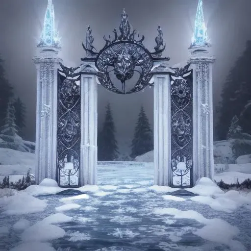 32k UHD cinematic shot of hell frozen over, intricate, gates of hell, ice flames, frozen embers detail, snow background, smoke, water droplets