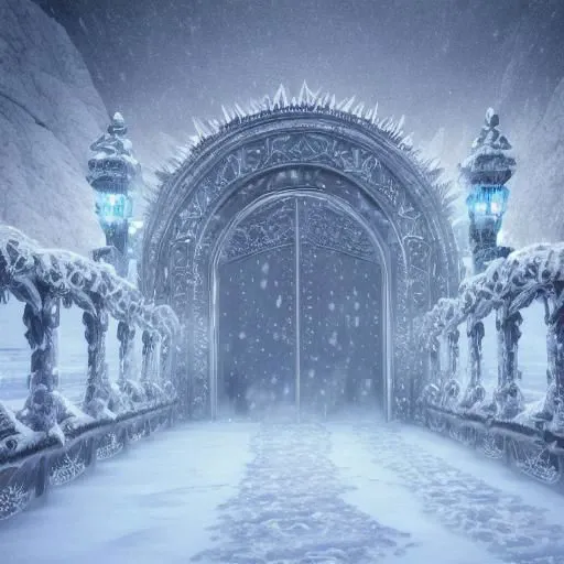32k UHD cinematic shot of hell frozen over, intricate, gates of hell, ice flames, frozen embers detail, snow background, smoke, water droplets
