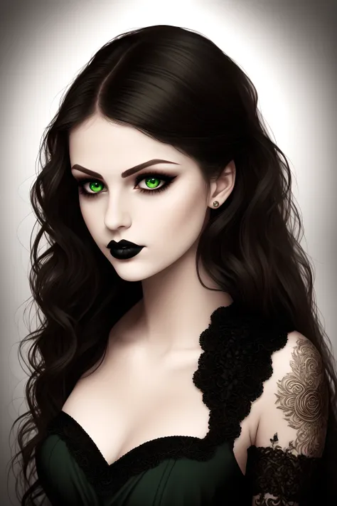 masterpiece, photo realistic, waist up portrait of young girl, slim, beautiful intricate oval face, detailed goth style medium hair, natural green eyes, small nose, closed mouth, lips, bare shoulders, small breasts, goth dress, vibrant, photo realistic, realistic, dramatic, dark, sharp focus, 8k