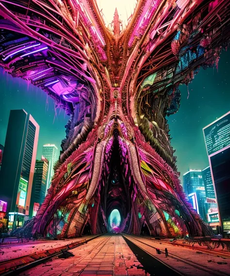 dreamlikeart, a huge female mutated mangled horrifying (((vagina shape))) thing in a city, by (Carne Griffiths), wide shot, cinematic lighting, highly detailed, INTRICATE