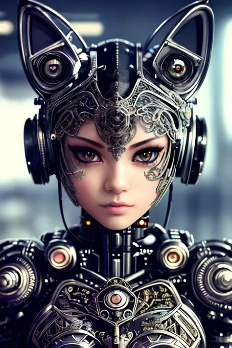 a cute kitten made out of metal, cyborg, cyberpunk style, ((intricate details)), hdr, ((intricate details, hyperdetailed)), cinematic shot, vignette, PERFECT (((gorgeous FACE))), highly detailed, INTRICATE