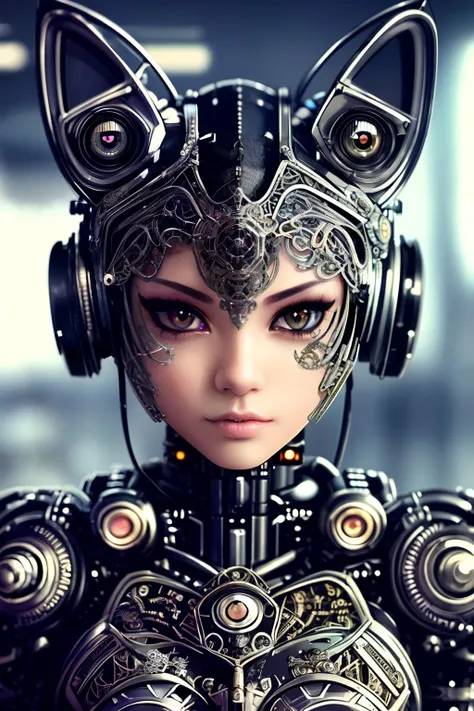 a cute kitten made out of metal, cyborg, cyberpunk style, ((intricate details)), hdr, ((intricate details, hyperdetailed)), cinematic shot, vignette, PERFECT (((gorgeous FACE))), highly detailed, INTRICATE