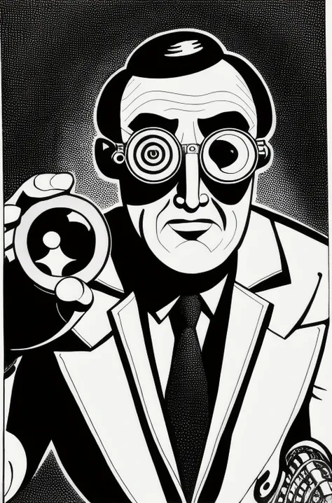 a man with a magnifying glass looking at something in his eyeglasses with a strange face, Doc Hammer, cyborg, a comic book panel, dada