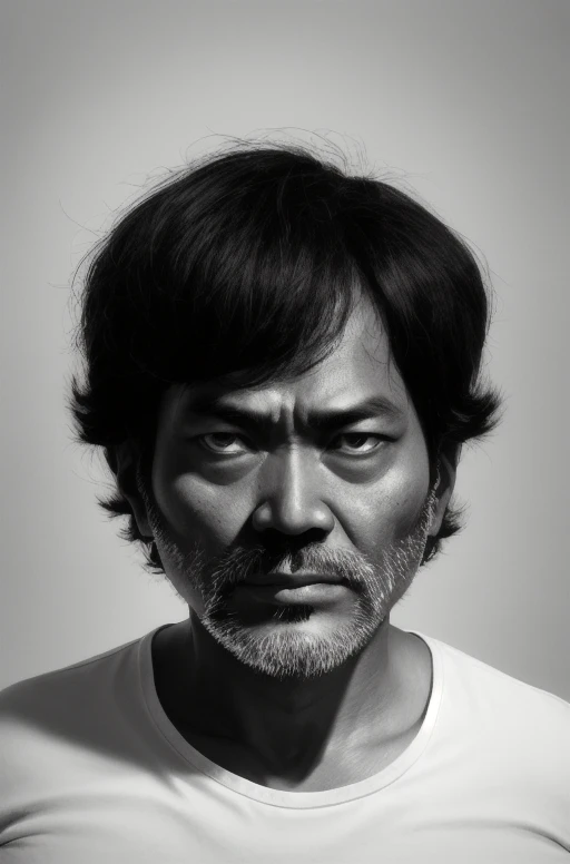 a man with a black shirt and a white background is looking at the camera with a serious look on his face, Bikash Bhattacharjee, katsuhiro otomo, a black and white photo, postminimalism