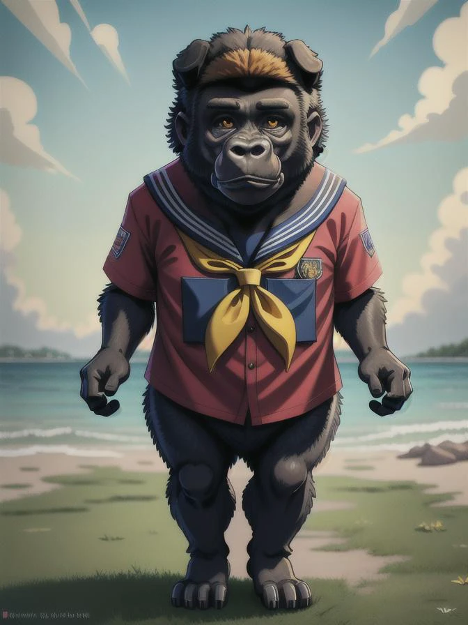 <lora:mjfurry_:0.7> <lora:slskmz_v2:0.4> :: vivid colors, Highly defined, Highly detailed, 8k, solo, 1dog :: a gorilla wearing a sailor school uniform, slskmz short