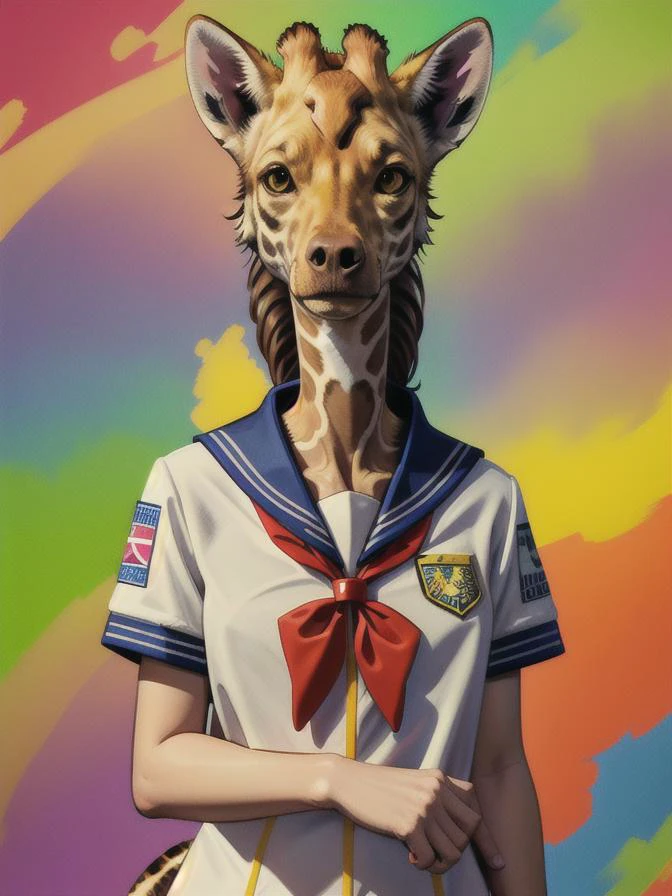<lora:mjfurry_:0.7> <lora:slskmz_v2:0.4> :: vivid colors, Highly defined, Highly detailed, 8k, solo, 1dog :: a giraffe wearing a sailor school uniform, slskmz short