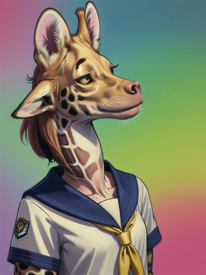 <lora:mjfurry_:0.7> <lora:slskmz_v2:0.4> :: vivid colors, Highly defined, Highly detailed, 8k, solo, 1dog :: a giraffe wearing a sailor school uniform, slskmz short