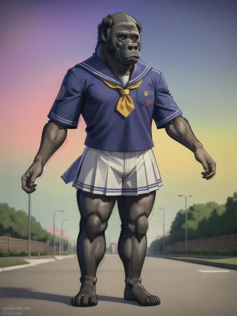 <lora:mjfurry_:0.7> <lora:slskmz_v2:0.4> :: vivid colors, Highly defined, Highly detailed, 8k, solo, 1dog :: a gorilla wearing a  sailor school uniform, slskmz short