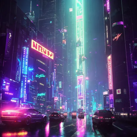 cyberpunk dark city, skyscrapers, neon lights, advertisment, night, hyper-realistic, photo, highly detailed, glass city, rainy, realism, moody cinematic, 8k, 3.5 mm, tokyo, futuristic, octane render, japanese, synthwave, cityscape, dramatic, wide angle, sci-fi, traffic, ultra realistic, glowing lights<lora:neon_palette_offset:1.0><lora:neon_palette_offset:1.0>