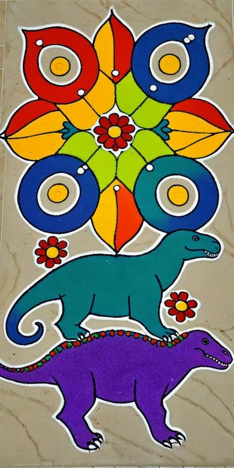 <lora:rangoli:0.8>, dinosaur rangoli style on tile floor, beautiful colour , colourful design all around at border, realistic, high quality,(( 2d, flat)), symmetry, rotational symmetry,