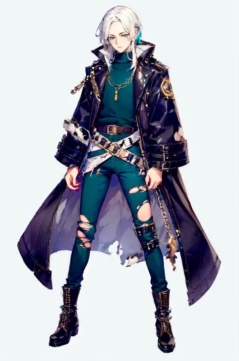 <lora:living fossil:1> fossil,, ultra detailed, masterpiece, best quality, solo, 1boy, teal eyes, <lora:Tsurime3:1>, (tsurime:1.2), parted bangs, white hair, medium hair, straight hair, shoulder-length hair, male focus, coat, shirt, pants, studded belt, multiple belts, combat boots, torn clothes, necklace, black coat, black and green theme,