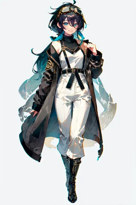 <lora:living fossil:1> fossil, (black coat:1.3), ultra detailed, masterpiece, best quality, solo, soft smile, light smile, 1girl, aqua eyes, black hair, <lora:low_ponytail-1.0:0.95> low ponytail, ahoge, absurdly long hair, very long hair, (hair flaps:1.2), flipped hair, hair between eyes, bangs, messy hair, small breasts, (goggles on head:1.2), hooded coat, open coat, turtleneck, capri pants, black knee boots, multiple straps, white coat, layered clothes, hair ribbon,