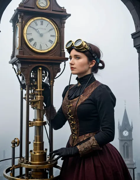 Naomi, a woman clad in Victorian-era attire and adorned with brass goggles perched precariously upon her head, is intently focused on meticulously adjusting a mysterious contraption as she confidently stands at the precipice of a towering clock tower, gazing out towards the city shrouded in foggy mystery, her eyes locked with those of an unseen observer. <lora:ihjnqi18fcbd684b3x2e9:1>