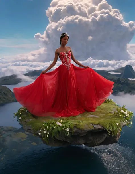 In the heart of a dreamy realm, with ethereal clouds as her backdrop and luminous flora beneath her feet, the enchanting Naomi stands regally upon the summit of a mystical floating island, wearing an exquisite red gown and a delicate tiara that sparkles like stardust. Her captivating gaze locks onto the viewer, her timeless elegance radiating a commanding presence that belies the serene beauty of the landscape she dominates. <lora:ihjnqi18fcbd684b3x2e9:1>