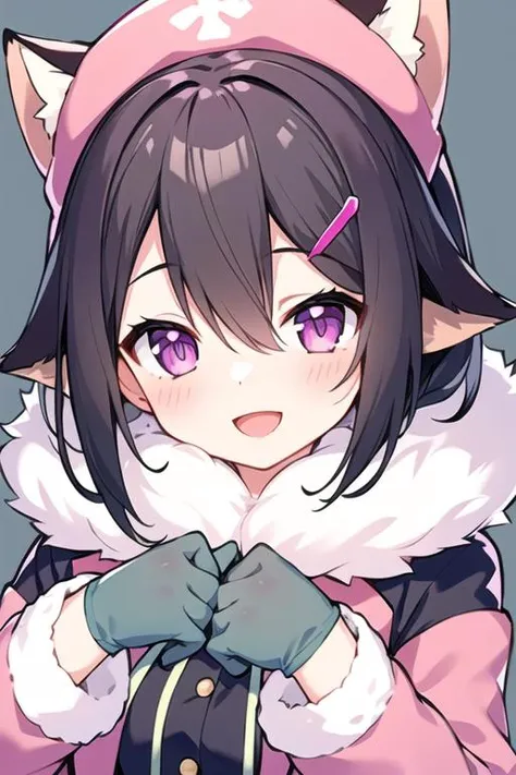 mayoi shigure, 1girl, breasts, looking at viewer, blush, smile, short hair, open mouth, bangs, hair ornament, animal ears, hair between eyes, medium breasts, purple eyes, hairclip, pink eyes, crossed bangs, light green hair, weasel ears, gloves, fur trim, gray jacket, gray headwear, animal tail