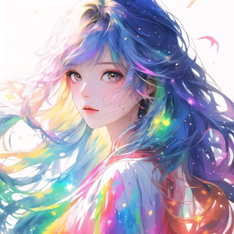 1gril,clear face,High definition,(white background:1.2),paint effect,long hair girl with white mixed with rainbow color flowing hair and starry color clothes,Beautiful hair,white hrie,rainbow hair,