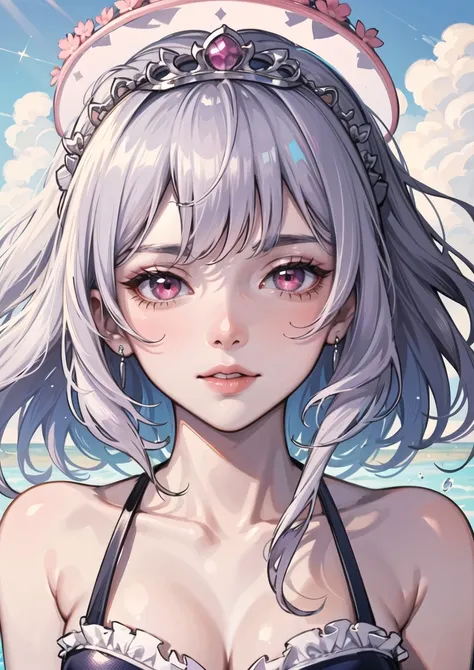 1 girl + silver hair color + French braided tiara + detailed face and nose + deep pink eyes + swimsuit + splashing + beach+Best quality + Masterpiece + Very high resolution+ clarity +8k wallpaper +(no noise:1.4), masterpiece, best quality
