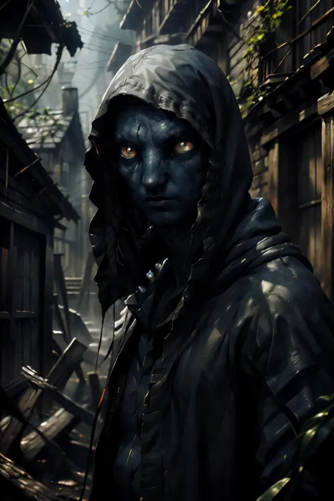 hdr, rpgshadow, blue skin, looking at camera, glowing eyes, wearing cloak, hood, standing, looking at camera, outdoors, <lora:AllOutNa'vi_V1:.7> extremely detailed, <lora:RPGShadow:1>
