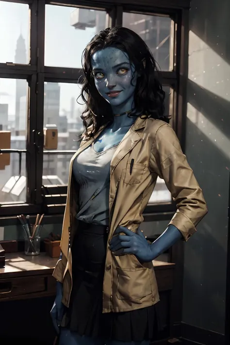 hdr, brieL2, blue skin, looking at camera, smiling, glowing eyes, wearing lab coat, long black skirt, standing, hand on hip, looking at camera, smiling, office, indoors, sunny, gleaming lighting, shady colors, vibrant atmosphere,  <lora:AllOutNa'vi_V1:.6> extremely detailed,