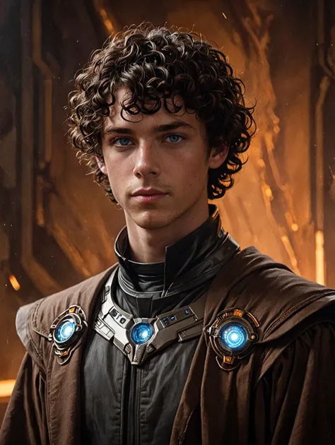 portrait of a highborn male, 18 year old, black short curly hair, blue eyes, futuristic brown robe, dark uniform, masterpiece, shallow depth of field, cinematic lighting, rim light, dark orange background, concept art, ((oil painting)), scifi, science fiction,
 <lora:add-detail-xl:1> <lora:bichu-v0612:1>   <lora:sceneConcept_s_v2:1>