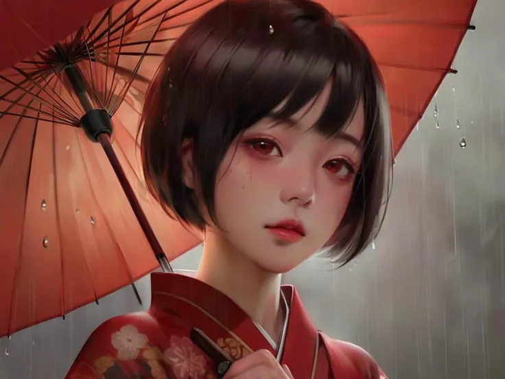 masterpiece,best quality,thick painted style,close-up,female,anime character,short hair,bob cut,black hair,red umbrella,raindrops,transparent umbrella,Asian attire,kimono,tattoo on arm,serene expression,downcast eyes,soft lighting,muted colors,brown and red tones,digital art,realistic style,water droplets effect,subtle blush,shadows on face,hand holding umbrella handle,detailed texture,close-up composition,gentle gaze,outdoor scene,<lora:ThickCloseUp-000008:0.8>,