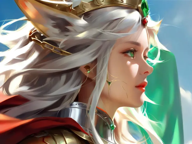 masterpiece,best quality,thick painted style,close-up,female,digital art,fantasy,side profile,flowing hair,wind-blown hair,red cape,jewelry,emerald green eyes,ear cuff,nose ring,tiara,chained jewelry,shoulder armor,wolf shoulder armor,gold and silver armor,dramatic lighting,blue sky background,soft-focus,elaborate headdress,fantasy character,green gemstones,serene expression,<lora:ThickCloseUp-000008:0.8>,