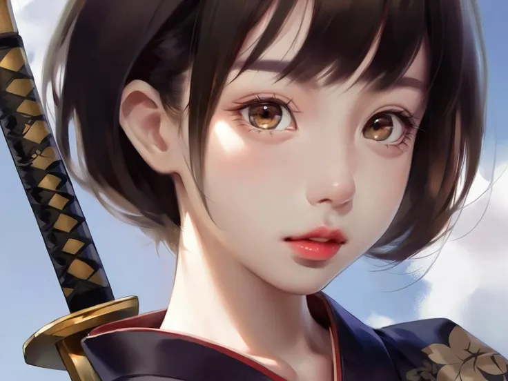 masterpiece,best quality,thick painted style,close-up,female,anime character,portrait,digital art,blue sky background,short black hair,large eyes,brown eyes,glossy lips,reflective eyes,subtle blush on cheeks,tattoo on collarbone,floral tattoo,black kimono,gold pattern on kimono,holding katana hilt,katana partially visible,soft lighting,high-resolution image,detailed texture,serene expression,youthful appearance,clear skin,<lora:ThickCloseUp-000008:0.8>,