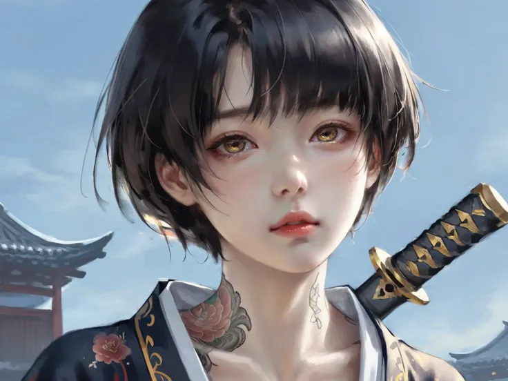 <lora:ThickCloseUP-000020:0.7>,masterpiece,best quality,thick painted style,close-up,female,anime character,portrait,digital art,blue sky background,short black hair,large eyes,brown eyes,glossy lips,reflective eyes,subtle blush on cheeks,tattoo on collarbone,floral tattoo,black kimono,gold pattern on kimono,holding katana hilt,katana partially visible,soft lighting,high-resolution image,detailed texture,serene expression,youthful appearance,clear skin,