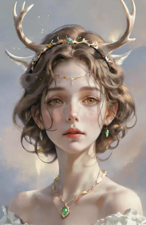 <lora:ThickCloseUP-000020:0.7>,masterpiece,best quality,thick painted style,close-up,Female character,fantasy portrait,soft gaze,small birds on antlers,one bird with colorful wings,brown curly hair,white ruffled blouse,antler headpiece,delicate facial features,soft freckles,gold-hued eyes,subtle smile,ethereal atmosphere,cool color palette,pendant necklace,short hairstyle,artistic digital painting,high image quality,vertical composition,