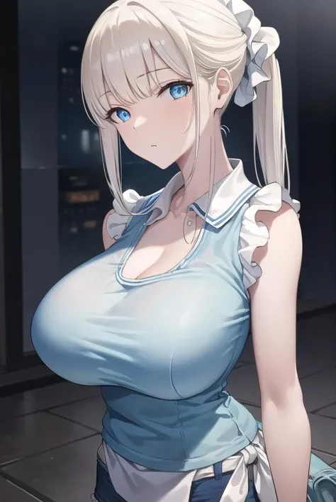 muramai, <lora:muramai-lora-nochekaiser:1>,
mura mai, long hair, bangs, blue eyes, blonde hair, scrunchie, hair scrunchie, ponytail, blunt bangs, (large breasts:1.2),
BREAK shirt, sleeveless, blue shirt, collared shirt, cleavage, shorts,
BREAK indoors, classroom,
BREAK looking at viewer, (cowboy shot:1.5),
BREAK <lyco:GoodHands-beta2:1>, (masterpiece:1.2), best quality, high resolution, unity 8k wallpaper, (illustration:0.8), (beautiful detailed eyes:1.6), extremely detailed face, perfect lighting, extremely detailed CG, (perfect hands, perfect anatomy),