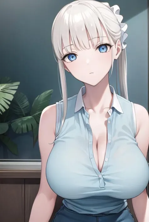 muramai, <lora:muramai-lora-nochekaiser:1>,
mura mai, long hair, bangs, blue eyes, blonde hair, scrunchie, hair scrunchie, ponytail, blunt bangs, (large breasts:1.2),
BREAK shirt, sleeveless, blue shirt, collared shirt, cleavage, shorts,
BREAK indoors, classroom,
BREAK looking at viewer, (cowboy shot:1.5),
BREAK <lyco:GoodHands-beta2:1>, (masterpiece:1.2), best quality, high resolution, unity 8k wallpaper, (illustration:0.8), (beautiful detailed eyes:1.6), extremely detailed face, perfect lighting, extremely detailed CG, (perfect hands, perfect anatomy),