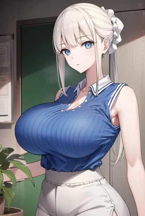 muramai, <lora:muramai-lora-nochekaiser:1>,
mura mai, long hair, bangs, blue eyes, blonde hair, scrunchie, hair scrunchie, ponytail, blunt bangs, (large breasts:1.2),
BREAK shirt, sleeveless, blue shirt, collared shirt, cleavage, shorts,
BREAK indoors, classroom,
BREAK looking at viewer, (cowboy shot:1.5),
BREAK <lyco:GoodHands-beta2:1>, (masterpiece:1.2), best quality, high resolution, unity 8k wallpaper, (illustration:0.8), (beautiful detailed eyes:1.6), extremely detailed face, perfect lighting, extremely detailed CG, (perfect hands, perfect anatomy),
