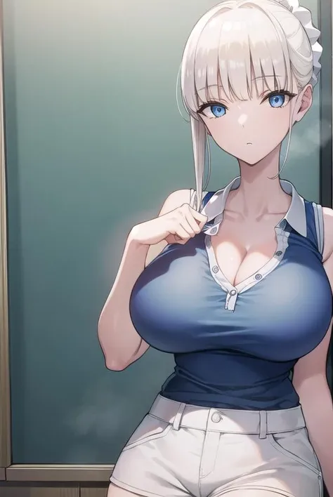 muramai, <lora:muramai-lora-nochekaiser:1>,
mura mai, long hair, bangs, blue eyes, blonde hair, scrunchie, hair scrunchie, ponytail, blunt bangs, (large breasts:1.2),
BREAK shirt, sleeveless, blue shirt, collared shirt, cleavage, shorts,
BREAK indoors, classroom,
BREAK looking at viewer, (cowboy shot:1.5),
BREAK <lyco:GoodHands-beta2:1>, (masterpiece:1.2), best quality, high resolution, unity 8k wallpaper, (illustration:0.8), (beautiful detailed eyes:1.6), extremely detailed face, perfect lighting, extremely detailed CG, (perfect hands, perfect anatomy),