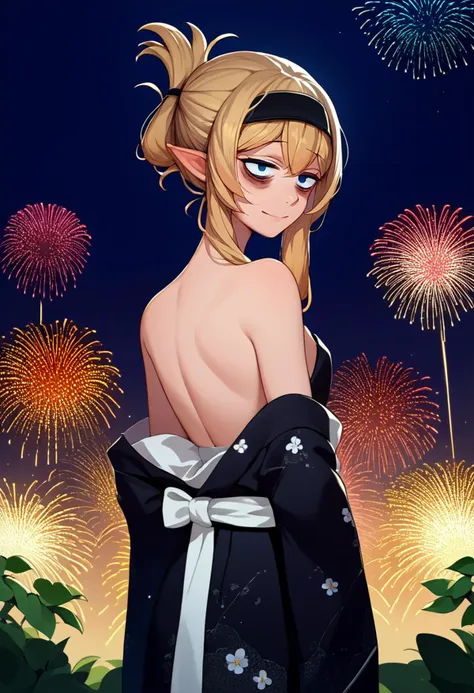 score_9, score_8_up, score_7_up, source_anime, from behind, solo, 1girl, thalia, smile, looking back, folded ponytail, pointy ears, (bags under eyes:0.9), black hairband, black kimono, floral print, off shoulder, white sash, bare shoulders, fireworks <lora:orcmassage_thalia_ponyXL:1>