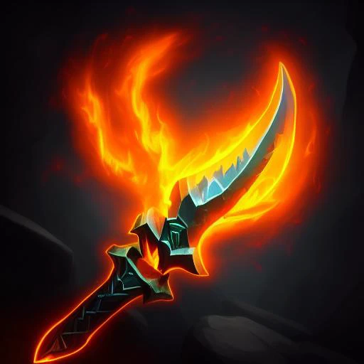 Awesome RPG icon of a flaming mithril dagger, arcane mana aura energy smokes, game asset trending on artstation, in a dark magic cave