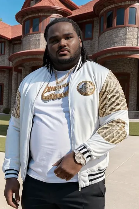photorealism, masterpiece, 8K, UHD, analog style, high detail, detailed skin, depth of field
tee grizzley, tee, white and black zipped jacket, in front of a 10 million dollars mansion,<lora:TeeGrizzley_LoraTest:0.8>