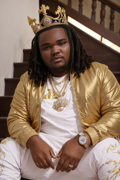 photorealism, masterpiece, 8K, UHD, analog style, high detail, detailed skin, depth of field,
tee grizzley, tee,golden jacket, crown hat, expensive jewelry, sitting in stairs, <lora:TeeGrizzleyLoRa_V2:0.6>