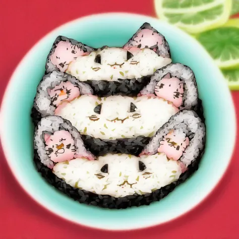 <lora:animaki_cut_roll_v1:0.5> no humans, food focus, animaki, rice,
cat, on the dish, kawaii