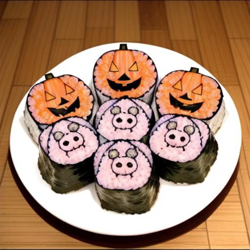 food, no_humans, (rice:0.5), animaki, food focus, objectification, wooden floor, <lora:animaki_cut_roll_v1:0.5>, halloween