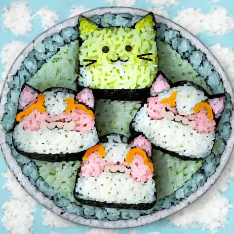 <lora:animaki_cut_roll_v1:0.8> no humans, food focus, animaki, rice,
cat, on the dish, kawaii