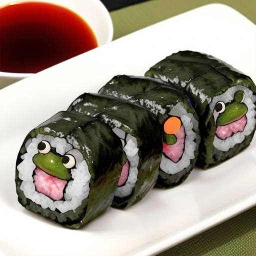 food, no_humans, (rice:0.5), animaki, food focus, objectification, <lora:animaki_cut_roll_v1:0.5>,frog, soy_sauce