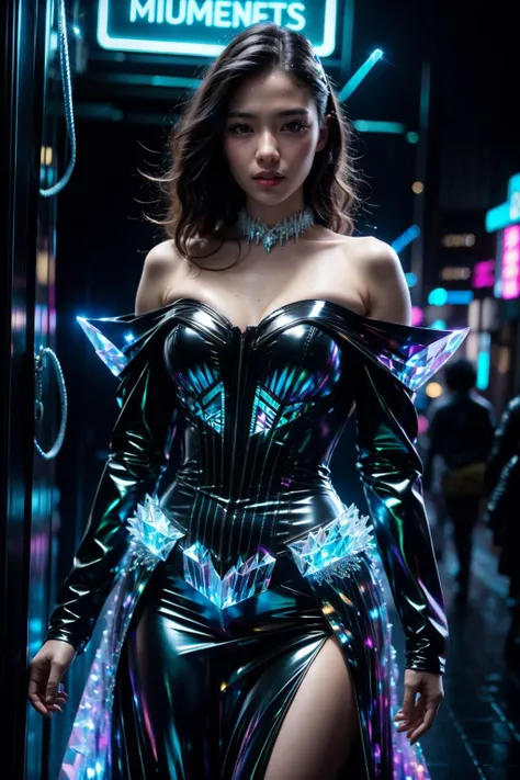 (realistic:1.3), finely detailed, quality, rembrandt lighting, (masterpiece:1.2), (photorealistic:1.2), (best quality), (detailed skin:1.3), (intricate details), dramatic, ray tracing, 1girl, japanese girl, 21 years old, detailed skin texture, (blush:0.5), (goosebumps:0.5), subsurface scattering, smiling, medium breasts, short hair curls, bangs, hair between eyes, dr3ss, (Latex glitch crystal dress) crystal bodice, form-fitting, corruption, jewelry, choker, full length skirt, frills, off shoulder, sleeves, cowboy shot, (night, cyberpunk, neo-tokyo, heavy rain, neon signs, futuristic, buildings), <lora:Outfit_soph-GlitchDress-Fixed:0.8>