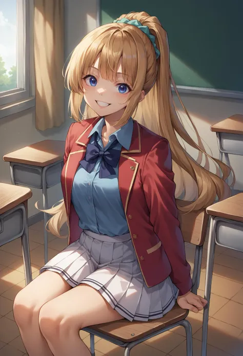 score_9, score_8_up, source_anime, 1girl, solo, KaruizawaBase, ponytail, hair scrunchie, school uniform, blue shirt, bowtie, white skirt, red jacket, open jacket, indoors, sitting, on chair, classroom, smile, <lora:ChamKeiKaruizawaPonyXL:1>