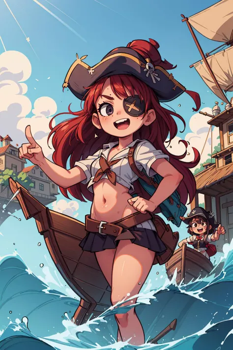 Teenage pirate captain. Sexy red pirate suit no pants. No bra. No underwear. Flat chest. Captain hat. Brown hair. Weapon. On the pirate ships. Shore background. Epic standing pose. Beautiful teenage face.