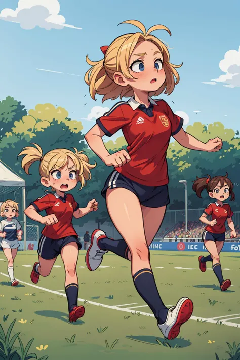 masterpiece,best quality,dramatic, 2girls, ((large breast)), running, soccer team uniform, sports uniform, blonde hair, soccer field, crowd, 