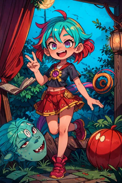 ((best quality, masterpiece)),  ((style-swirlmagic):0.5),
 epic, illustration, welcoming, 1girl, smiling, open mouth, druid, black shirt, red skirt,[cyan hair|purple hair],  ((muted multicolor  hair)), Topsy Tail,curly hair, in front of a autumn, glowing school, standing on one leg,
 <lora:EnvyCuteMix08:0.7>,
 <lora:more_details:0.5> ,
 <lora:LowRA:1>