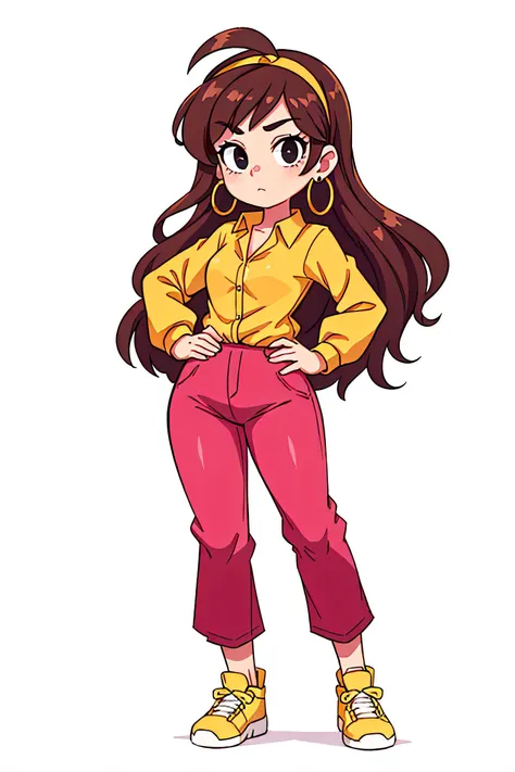 Asian-Less, <lora:pixel_f2:0.1>, <lora:add_detail:0.1>, white background, simple background, full body shot, <lora:noribs_v11:0.8>, <lora:GoodHands-beta2:0.8>, 1girl, solo, black eyes, long hair, brown hair, earrings, hoop earrings, jewelry, hairband, yellow hairband, pink pants, blouse, yellow blouse, long sleeves, looking at viewer, hands on hips
