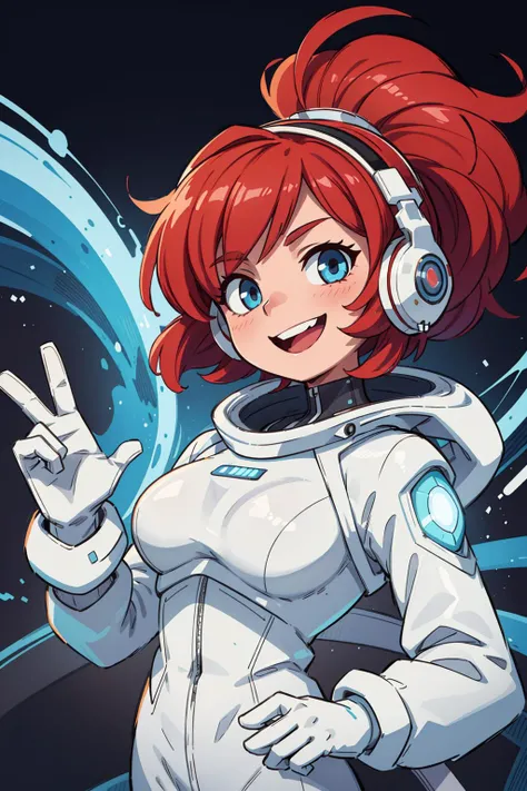 ((best quality, masterpiece)), ((style-swirlmagic):0.3),
((white leather futuristic spacesuit)), headphones, neon lit, (smiling), 1girl, red hair, wavy hair, a white parts of mechanical female, looking at viewer, soft colors, black background,
<lora:more_details:0.5> ,
<lora:LowRA:0.25>