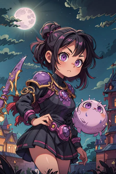 ((best quality, masterpiece)), ((style-swirlmagic):0.3),
1girl, power pose, black and pink and gothic (((kawaii))) armor, purple messy hair, sword, outdoor, night, moonlight, clouds on background, ((full moon ):1.1), medieval, castle on background, <lora:more_details:0.5>